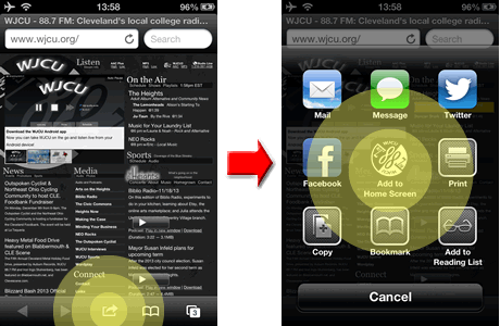 Diagram illustrating how to add WJCU to the iOS 6 home screen