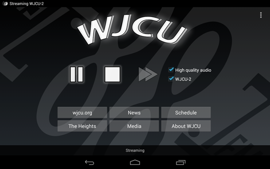 A screenshot of WJCU for Android running on a 7-inch tablet in landscape orientation