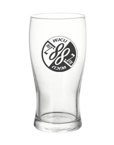 A mockup of a beer glass with the WJCU logo on it