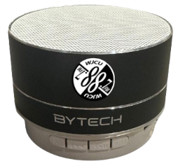 A mockup of a cylindrical bluetooth speaker with buttons and the WJCU logo on it