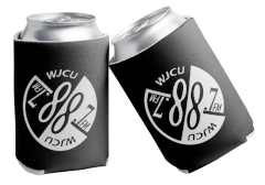 A mockup showing two cans with black can coolers with the WJCU logo on them