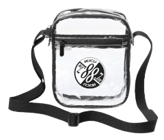 A mockup of a small clear bag with a zipper and a strap with the WJCU logo in the middle of the clear plastic