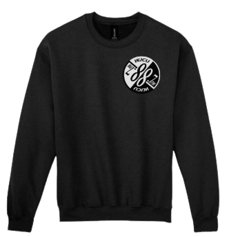 A mockup of a black crewneck sweatshirt with a WJCU logo over the left portion of the chest