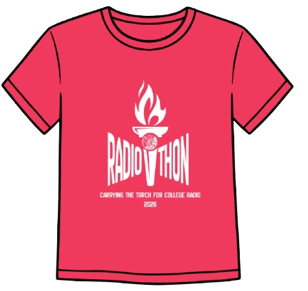 A mockup of the front of a T-shirt made of red fabric with a white logo of the word 'RADIOTHON' with an olympic-style torch in the middle and text underneath reading 'CARRYING THE TORCH FOR COLLEGE RADIO', '2006'