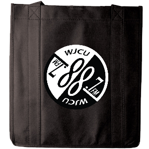 Mockup of a black tote bag with the WJCU logo on it